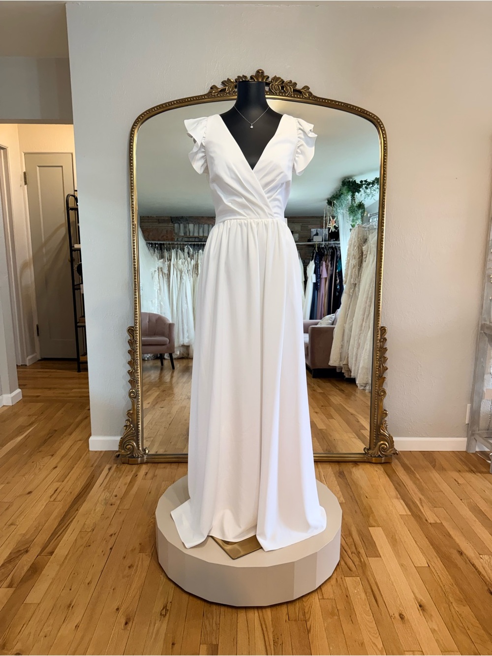 Theia White V-Neck Bridal Gown with Ruffle Cap Sleeves